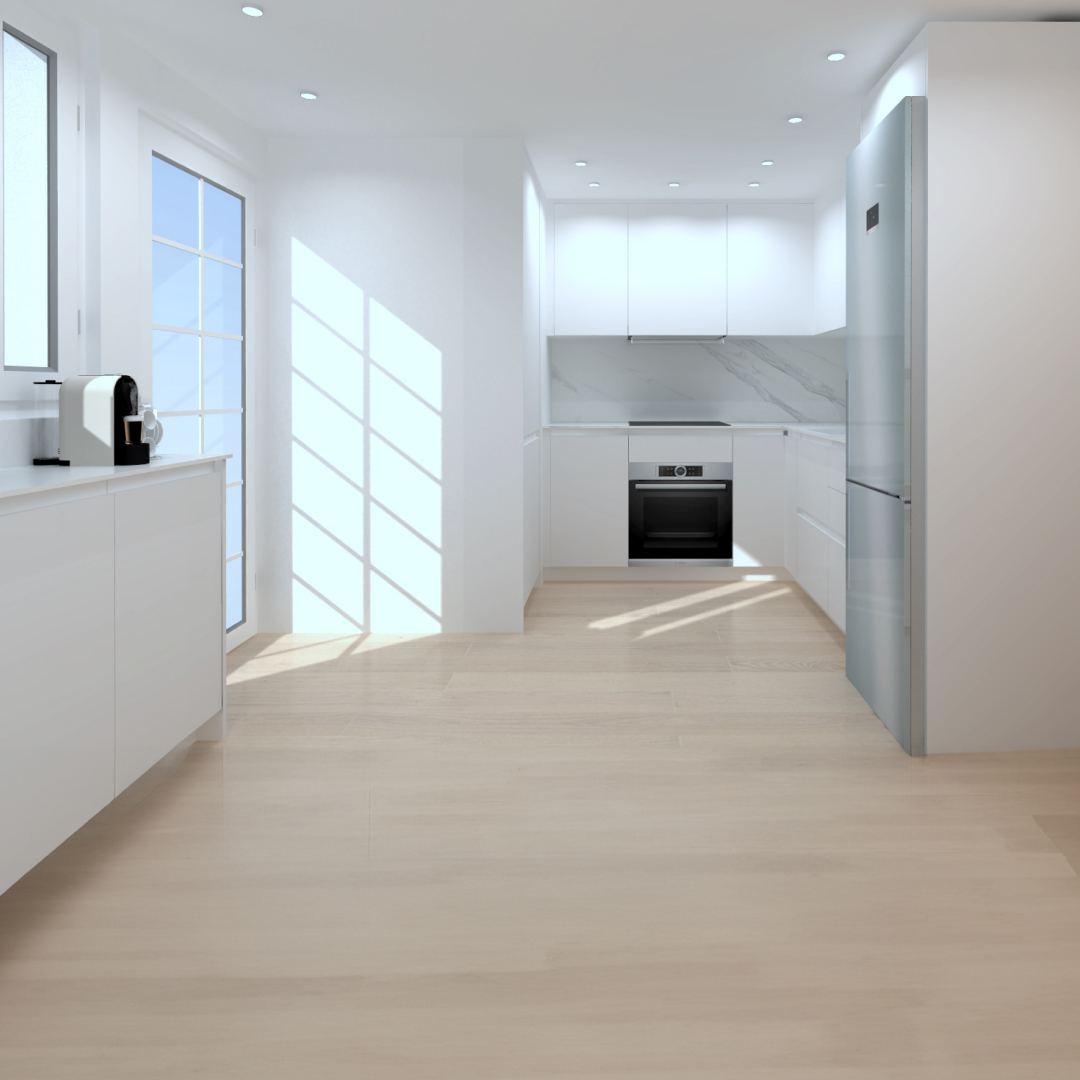 Render de una cocina blanca con ventanales de suelo a techo, de un próximo proyecto de Acdè